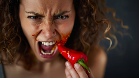 Close-up portrait of a young woman eating a chilli pepperの素材