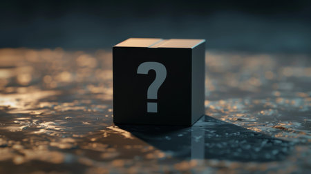 Black cube with question mark on a dark backgroundの素材
