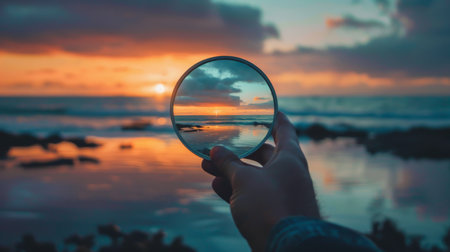 Hand holding a magnifying glass over the sea and sunset background.の素材