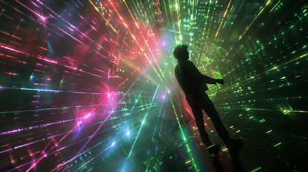 Silhouette of a man in front of a colorful laser backgroundの素材