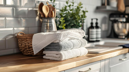 Stack of clean towels lying on the countertop in a modern kitchenの素材