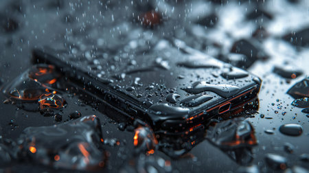 Close up of broken cell phone with water drops on black backgroundの素材