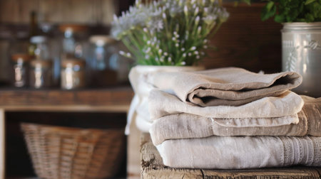 Stack of clean towels on a wooden shelf in a rustic kitchenの素材