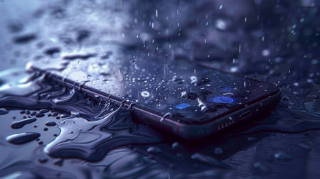 Smartphone with water drops on a dark background, close-upの素材