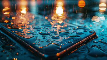 Smartphone with water drops on the background of the night cityの素材