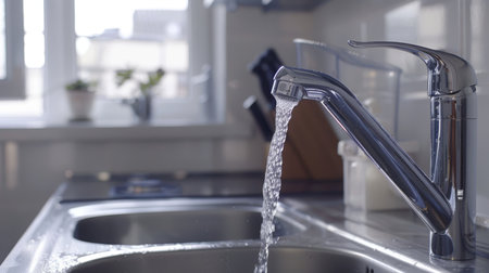 Water flowing from the faucet into the sink in the kitchenの素材