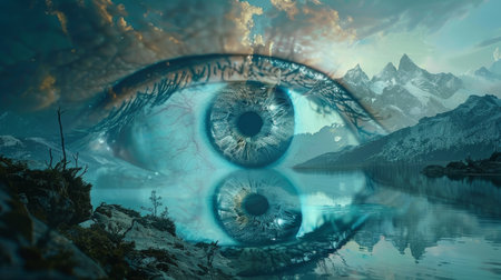 Eye of God in front of beautiful landscape with mountains and lakeの素材