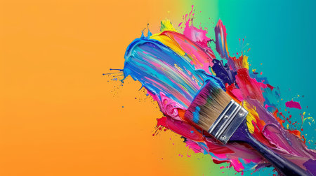 Paintbrush with colorful paint strokes on a rainbow colored backgroundの素材