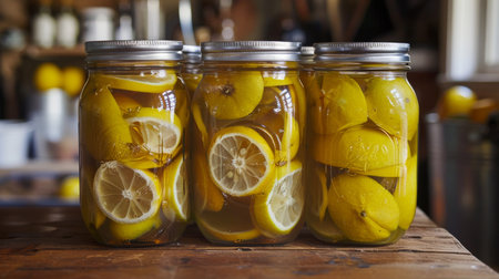 Pickled lemons in jars on a wooden table in the kitchenの素材