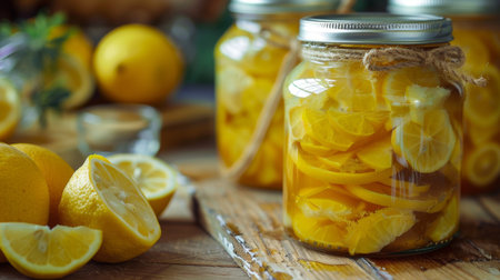 Canned citrus fruit in a glass jar with lemon slices and a twine bow on a wooden surfaceの素材