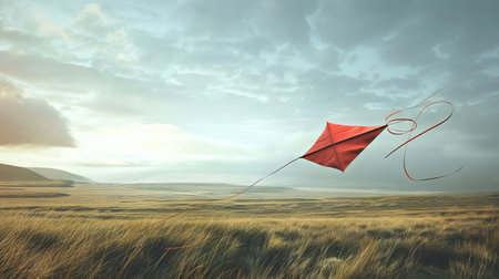 Kite flying in the fieldの素材