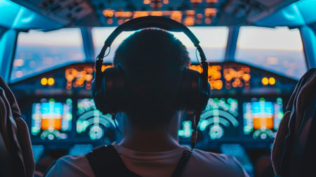Pilot in a cockpit, operating an aircraft control panel with various gauges, meters, and screensの素材