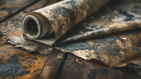 Rolled up old map on a wooden table. Selective focusの素材
