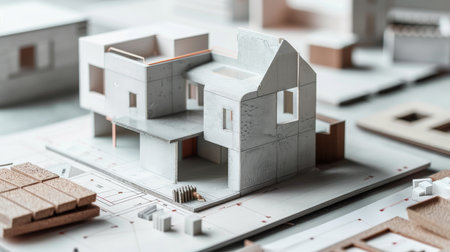 Architectural model of a house on a construction site. Construction conceptの素材