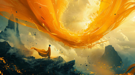 Figure in an orange cloak standing on a cliff edgeの素材