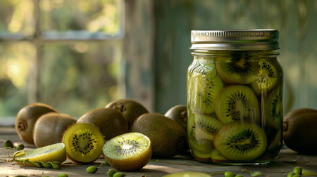 Homemade kiwi jam in a glass jar on a wooden tableの素材
