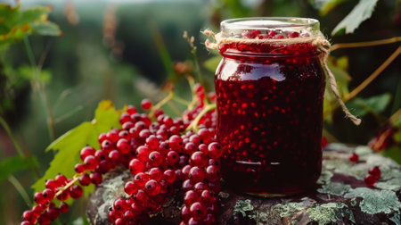 Red current jam in a glass jar on a wooden backgroundの素材