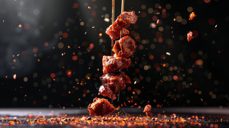 Slices of raw pork on a stick with splashes of water on a black backgroundの素材