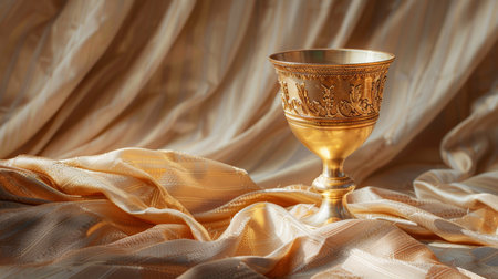 Elegant golden goblet on a background of silk fabricの素材