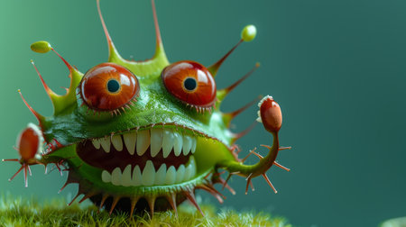 Fantastic green monster with red eyes and mouth on green backgroundの素材