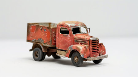 Vintage tin toy truck isolated on a white background, close upの素材