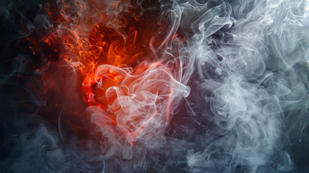 Red and white heart-shaped smoke on a black isolated backgroundの素材