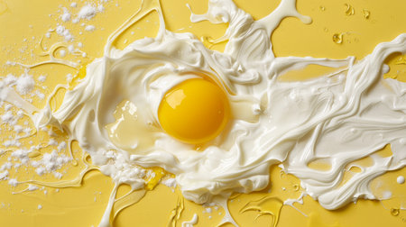 Egg yolk and milk splashes on yellow background, top viewの素材