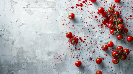 Cherry tomatoes with drops of blood on gray background, top viewの素材