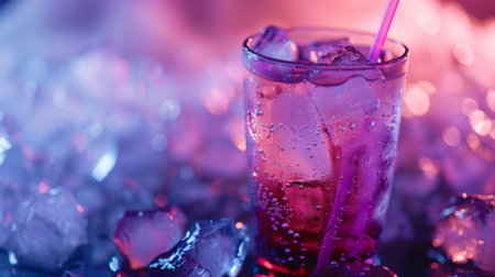 Cocktail with ice cubes and a straw on a blue backgroundの素材