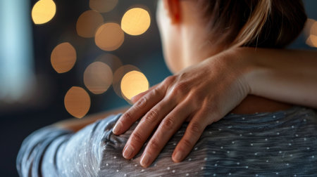 Close up of a woman holding her hands on her shoulder with blurred backgroundの素材