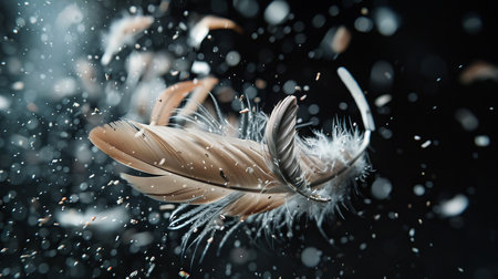 Feather of a bird on a black background with splashes of waterの素材