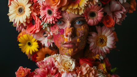 Portrait of a beautiful girl with a creative make-up and flowersの素材
