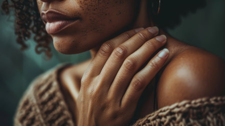 Closeup portrait of beautiful African American woman touching her neckの素材