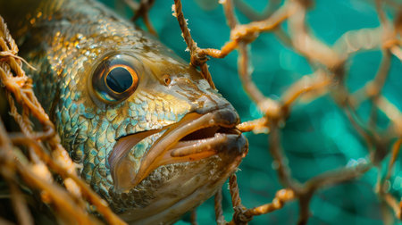 Close up of the head of a fish in a fishing netの素材