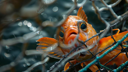 Close up of goldfish in a fishing net on the beachの素材