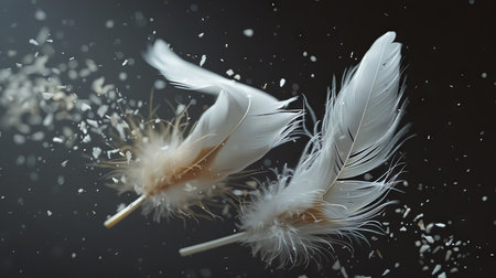Feathers flying in the air on a dark background closeupの素材