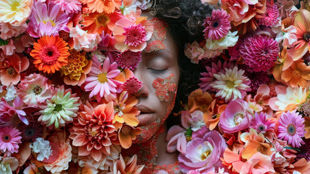 Beautiful african american woman with flowers in her hairの素材
