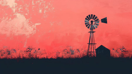 An image of a windmill on a red background with space for textの素材