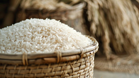Rice in a wicker basket on a wooden table. Selective focusの素材