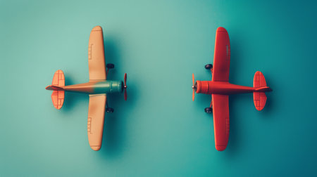 Two toy airplane on blue background. Top view. Retro tonedの素材