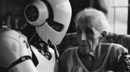 Senior woman with a robot at home. Black and white photoの素材