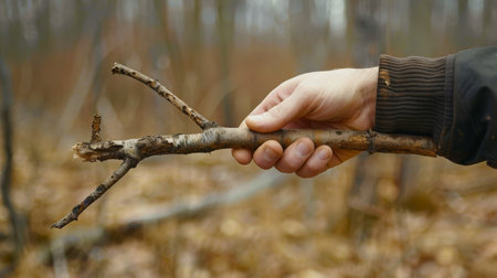 Human hand holding a branch of a tree in the autumn forestの素材