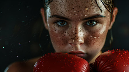 Close-up portrait of young woman boxer wearing red boxing glovesの素材