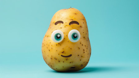 Smiling potato with eyes and mouth on a blue background with copy spaceの素材