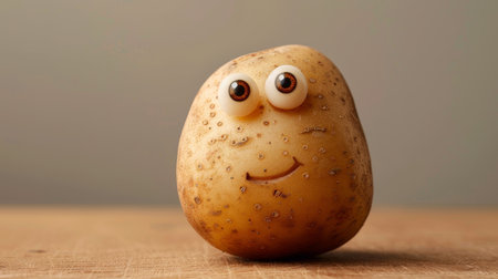 Smiling potato on a wooden table with copy space for your textの素材