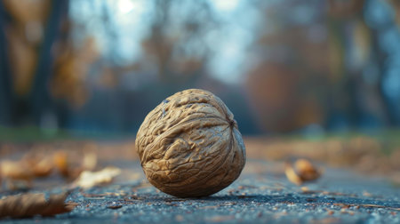 Walnut on the ground in autumn park. Selective focusの素材