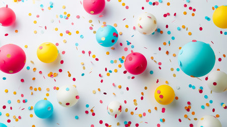 Colorful balloons and confetti on white background. Flat lay, top viewの素材