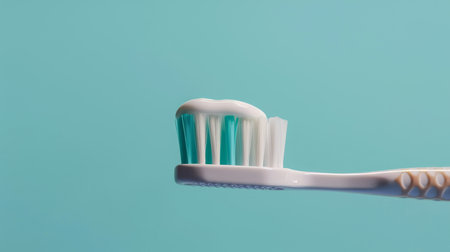 Toothbrush with toothpaste on a blue background close-upの素材