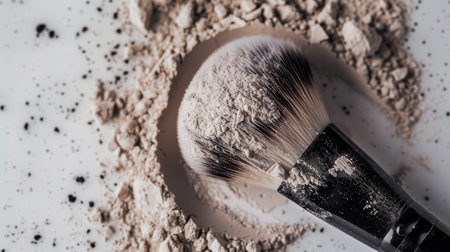 Makeup brush and powder on a white background. Selective focusの素材