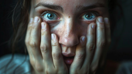 Closeup portrait of a scared young woman covering her face with her handsの素材